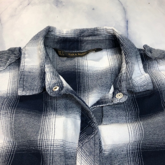 Zara Basic Blue & White Plaid Flannel Snap Up Top - Picture 6 of 8